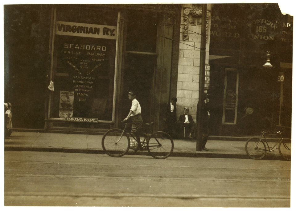 Hodges Gallop, Western Union Messenger No. 16, Norfolk, Va. Lives, 201 Freeman Street. Been working here one month. He, and several other very young boys, work until 10-30 P.M. See also LOC nclc.03727