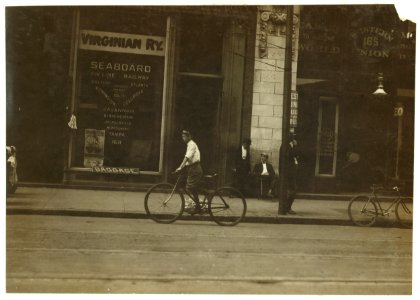 Hodges Gallop, Western Union Messenger No. 16, Norfolk, Va. Lives, 201 Freeman Street. Been working here one month. He, and several other very young boys, work until 10-30 P.M. See also LOC nclc.03727