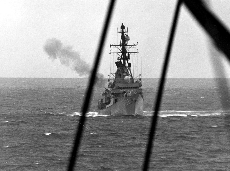 HMAS Perth (D 38) fires on North Vietnamese coastal defense sites in February 1968