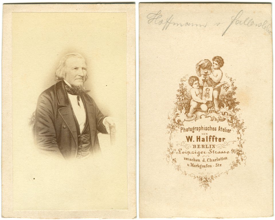 Hoffmann von Fallersleben, Carte-de-visite von W. Halffter, Berlin, Bild- und Rückseite
