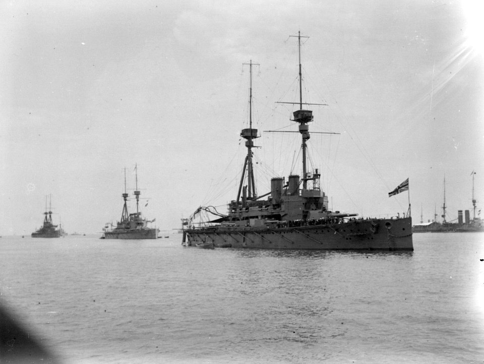 HMS 'Agamemnon' (1906) anchored at Spithead for the Naval Review or the King's Review of the Fleet. RMG P00029