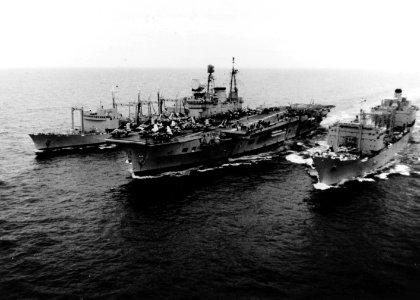 HMS Eagle (R05) is replenished by RFA Olna (A123) and RFA Resource (A480) in September 1969