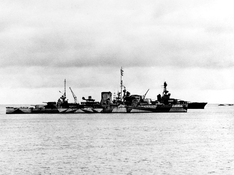 HMNZS Leander (75) and USS Chicago (CA-29) at anchor off Suva in February 1942 (80-G-7294)