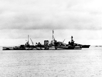 HMNZS Leander (75) and USS Chicago (CA-29) at anchor off Suva in February 1942 (80-G-7294) photo