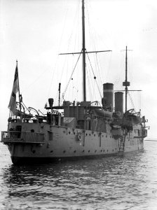 HMS 'Bonaventure' (1892) anchored at Spithead. RMG P00036