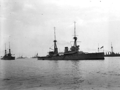 HMS 'Inflexible' (1907) anchored at Spithead for the Naval Review. RMG P00028 photo