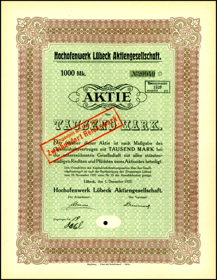 Hochofenwerk Lübeck AG 1922 1000 Mk