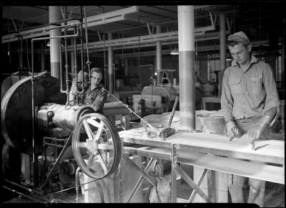 Holyoke, Massachusetts - Paragon Rubber Co. and American Character Doll. Tubing - cutting rubber and feeding... - NARA - 518340