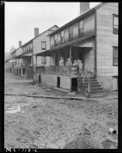 Home and family of Monzel Cox in company housing project. In foreground of picture is caked mud left by flood of... - NARA - 540284