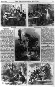 Home incidents, accidents & co. (5 illus.) 1. The fatal card (one man shooting gambler on Miss. steam boat); 2. Sleeping accommodations in a praire home; 3.Catching an alligator (alligator LCCN99614061