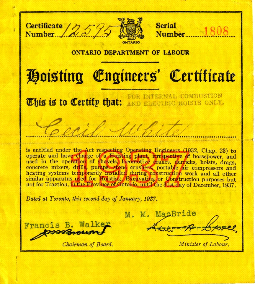Hoisting Engineers Certificate 1937