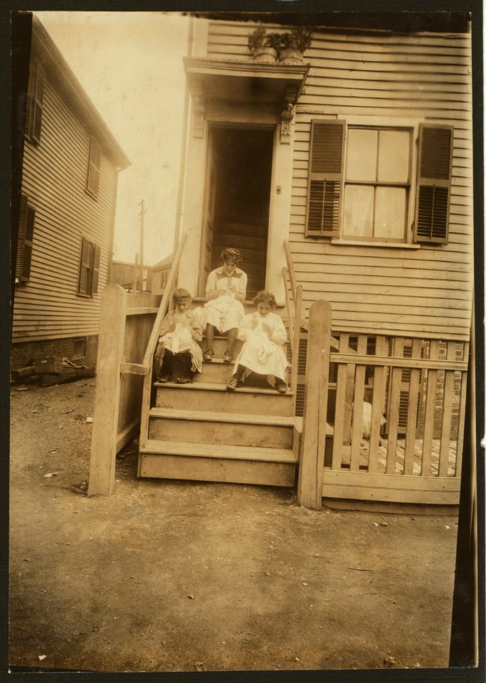 Home Work, Somerville, Mass. Crocheting on underwear. A common sight. 35 Horace Street. See also Home Work report about woman working here with running sore on limb. LOC nclc.04219