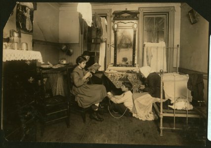Home-work (crochet) in East Side Tenement home. Grandmother pealing (sic) potatoes. (For complete details see Miss E.C. Watson's report.) LOC cph.3a18648