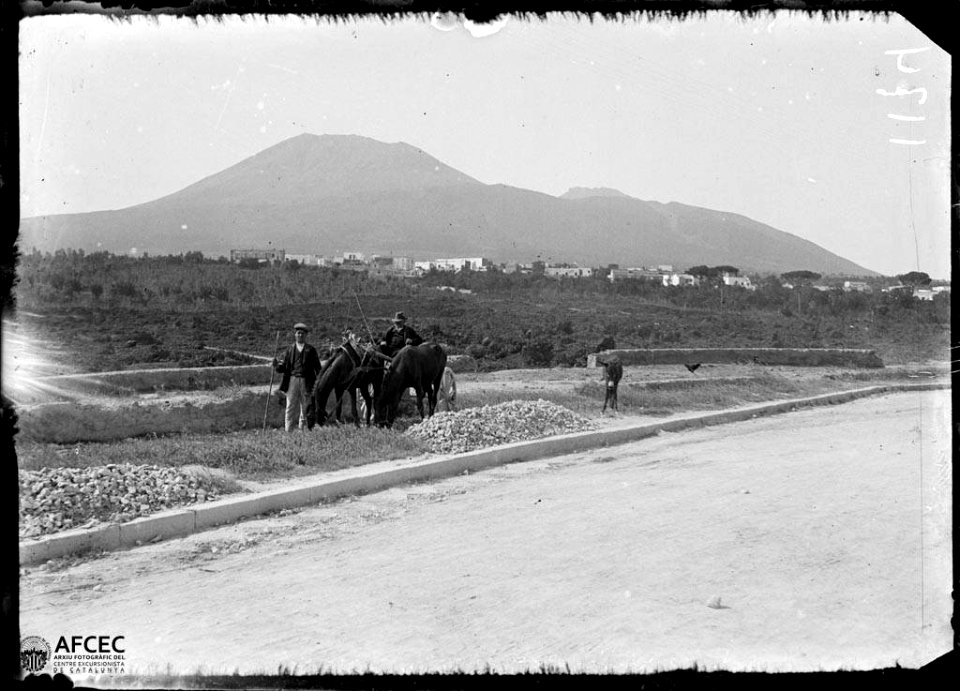 Homes i cavalls treballant al costat d'un camí i al fons un poble