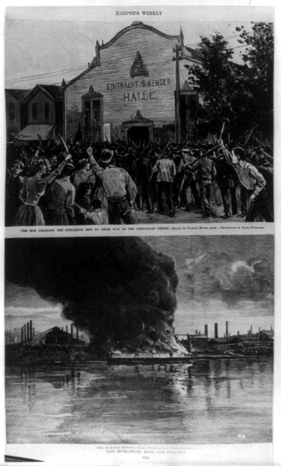 Homestead Steel Strike - 2 images- 1. The Mob Assailing the Pinkerton Men on Their Way ot the Temporary Prison (drawn by Charles Mente); 2. The Burning Barges LCCN2004678726