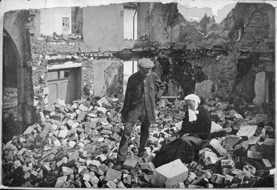 Home Again. An old French couple visiting their former house in the devastated region, vacated by the Germans, find a... - NARA - 533654