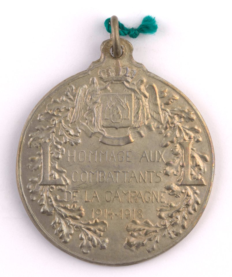 Hommage aux Combattants de la Campagne 1914-1918, medal by Pierre Theunis, Belgium, 1918, Coins and Medals Department of the Royal Library of Belgium, 2Lef87-12 (verso)