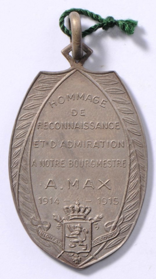 Hommage de Reconnaissance et d'Admiration à Notre Bourgmester A. Max 1914-1915, medal by Jacques Marin (1877-1950), Belgium, 1915, Coins and Medals Department of the Royal Library of Belgium, 2Lef 21 - 45 (verso)