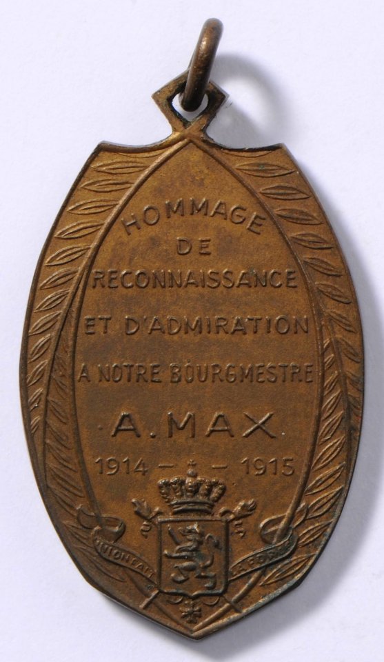Hommage de Reconnaissance et d'Admiration à Notre Bourgmester A. Max 1914-1915, medal by Jacques Marin (1877-1950), Belgium, 1915, Coins and Medals Department of the Royal Library of Belgium, 2Lef 21 - 47 (verso)