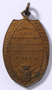 Hommage de Reconnaissance et d'Admiration à Notre Bourgmester A. Max 1914-1915, medal by Jacques Marin (1877-1950), Belgium, 1915, Coins and Medals Department of the Royal Library of Belgium, 2Lef 21 - 47 (verso)