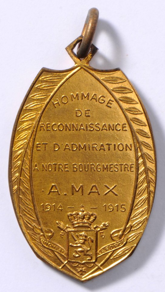 Hommage de Reconnaissance et d'Admiration à Notre Bourgmester A. Max 1914-1915, medal by Jacques Marin (1877-1950), Belgium, 1915, Coins and Medals Department of the Royal Library of Belgium, 2Lef 21 - 46 (verso)