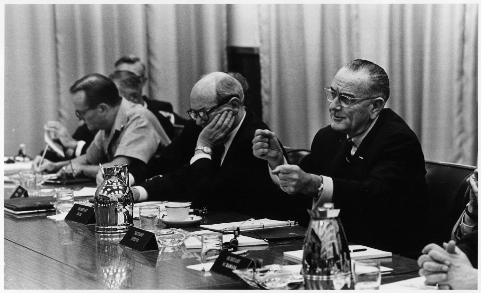 Honolulu Conference, Secretary of State Dean Rusk and President Lyndon B. Johnson at the table - NARA - 192495