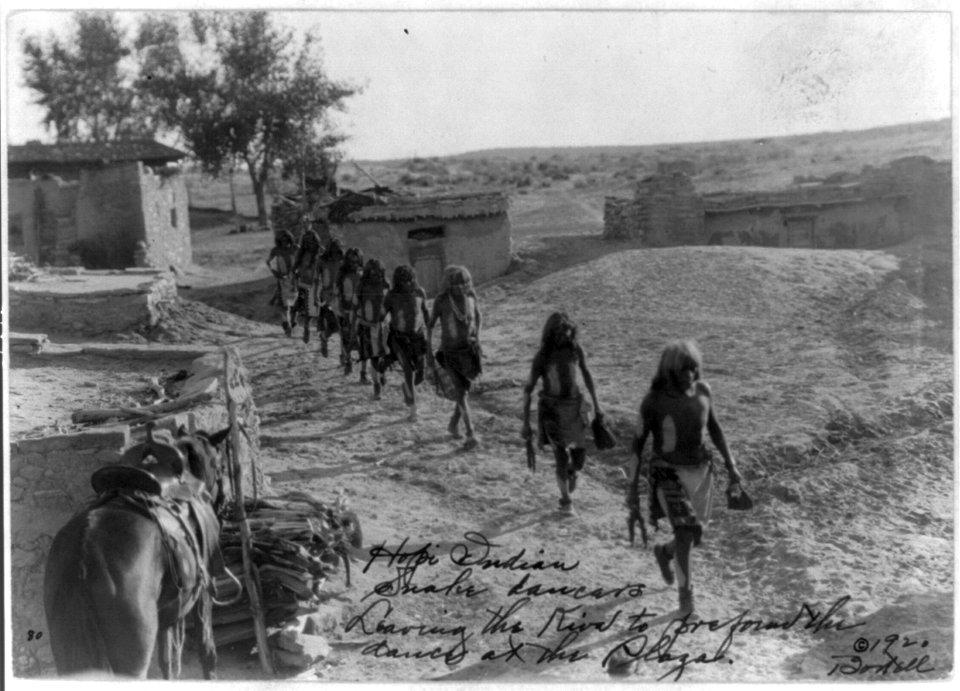 Hopi Indian snake dancers leaving the kiva to perform the dance at the plaza LCCN2002711553