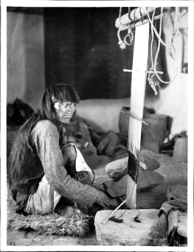 Hopi man weaving a kochina sash for a ceremonial kilt, Arizona, ca.1898 (CHS-4574)