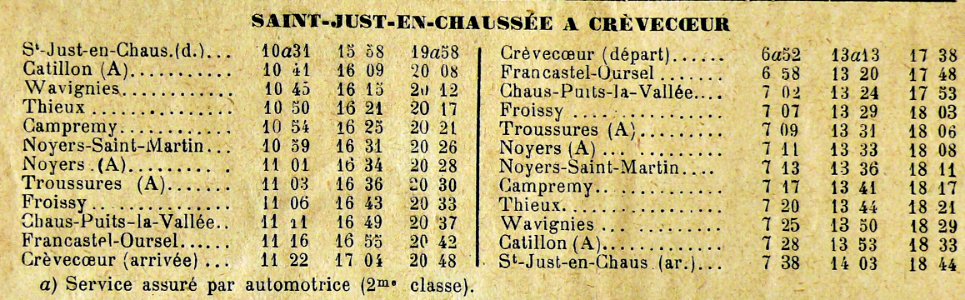 Horaires 1938 St Just - Crèvecoeur photo