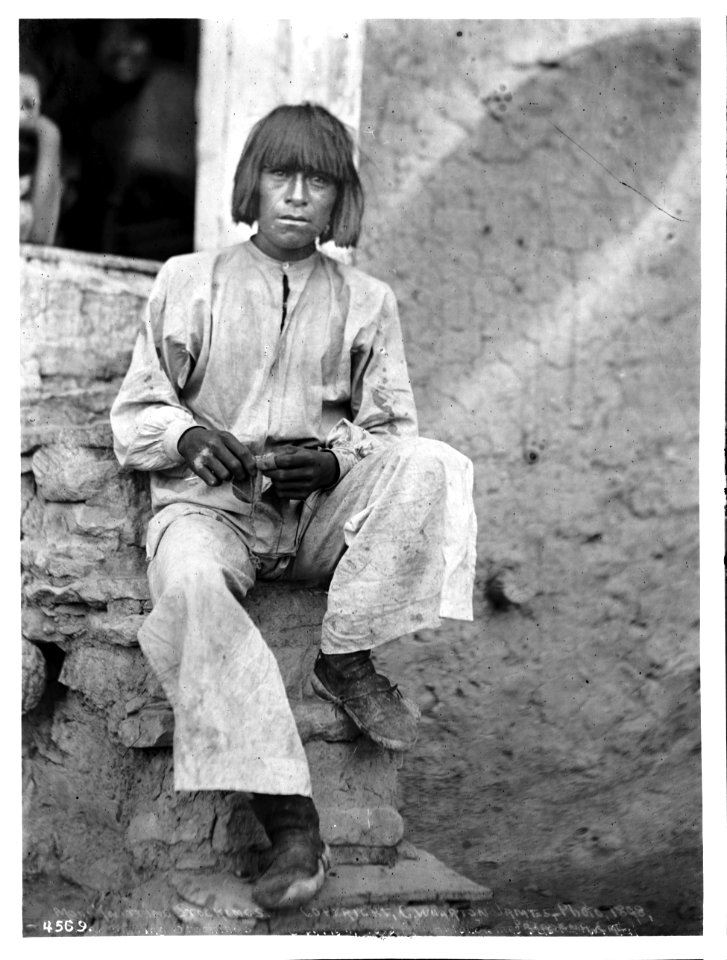 Hopi Indian man knitting stockings, ca.1898 (CHS-4569)