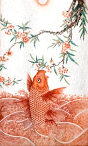 Hoppande karp och plommonblommor som är symboler för våren. Målat på porslin, 1723-1735, Yongzheng - Hallwylska museet - 107694