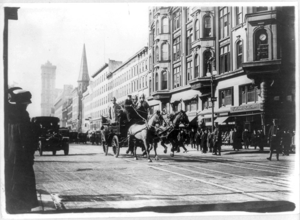 Horse-drawn fire engines in street, on their way to the Triangle Shirtwaist Company fire, New York City LCCN2002709198