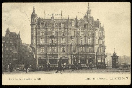 Hotel l'Europe, Nieuwe Doelenstraat 2, links Oude Turfmarkt 153 gezien vanaf het Muntplein. Uitgave Jos Nuss, Amsterdam, Afb ANWU01725000002