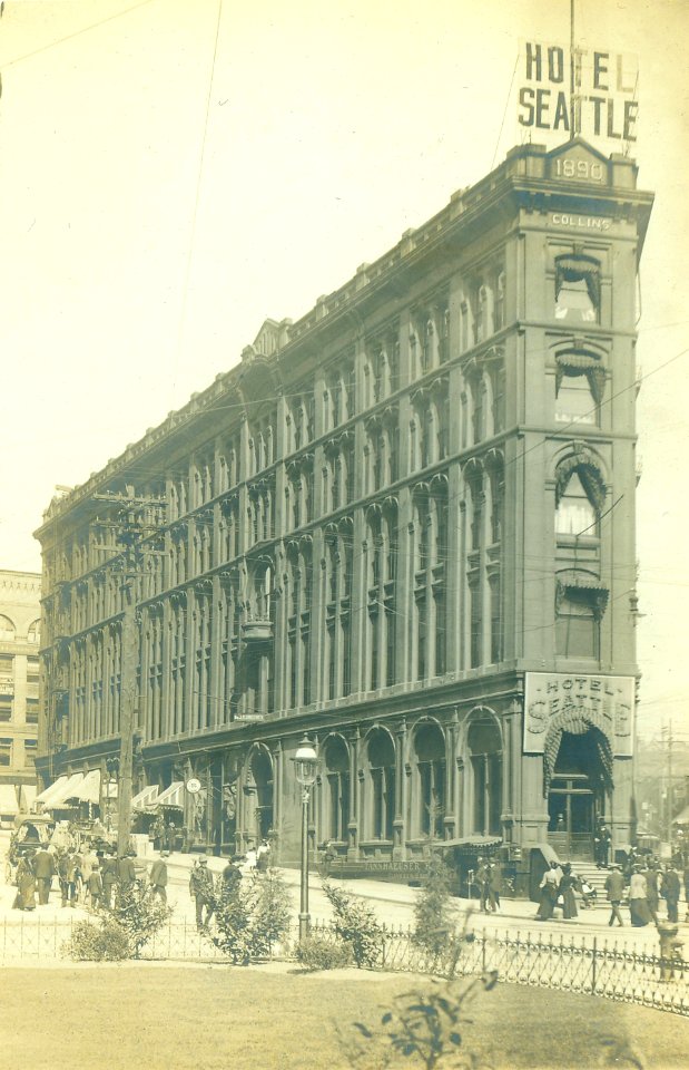 Hotel Seattle exterior looking east, Pioneer Square district, Seattle, ca 1898 (WARNER 617)