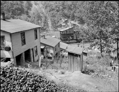 Houses and privies on the hillside. Southern Coal Corporation, Bradshaw Mine, Bradshaw, McDowell County, West Virginia. - NARA - 541037