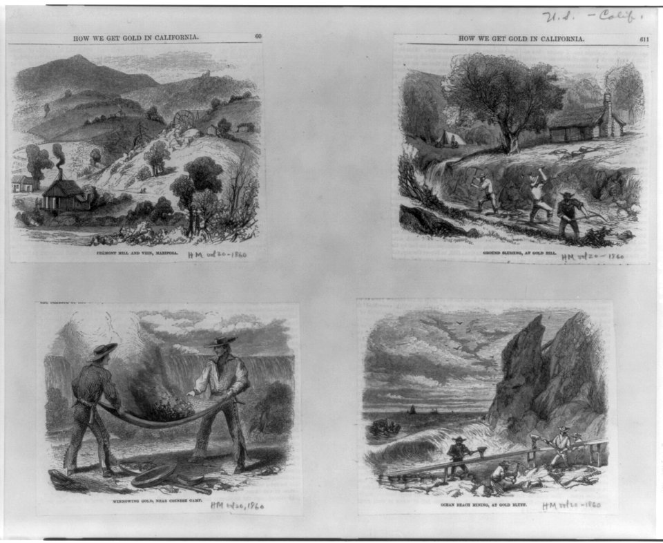 How we get gold in California- Fremont Mill and vein, Mariposa, Ground sluicing, at Gold Hill, winnowing gold, near Chinese camp, and ocean beach mining, at gold bluff LCCN2006679139