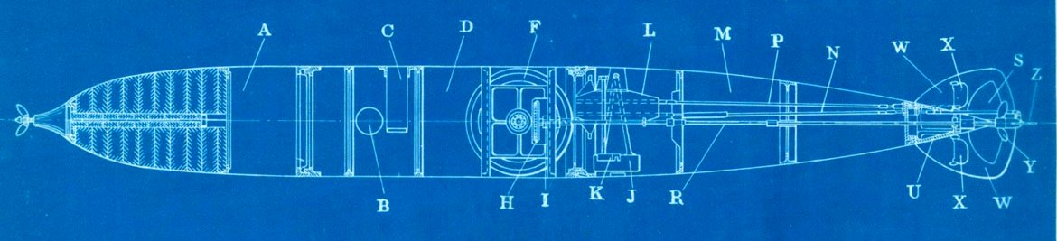 Howell torpedo general longitudinal section from US Navy manual, 1896