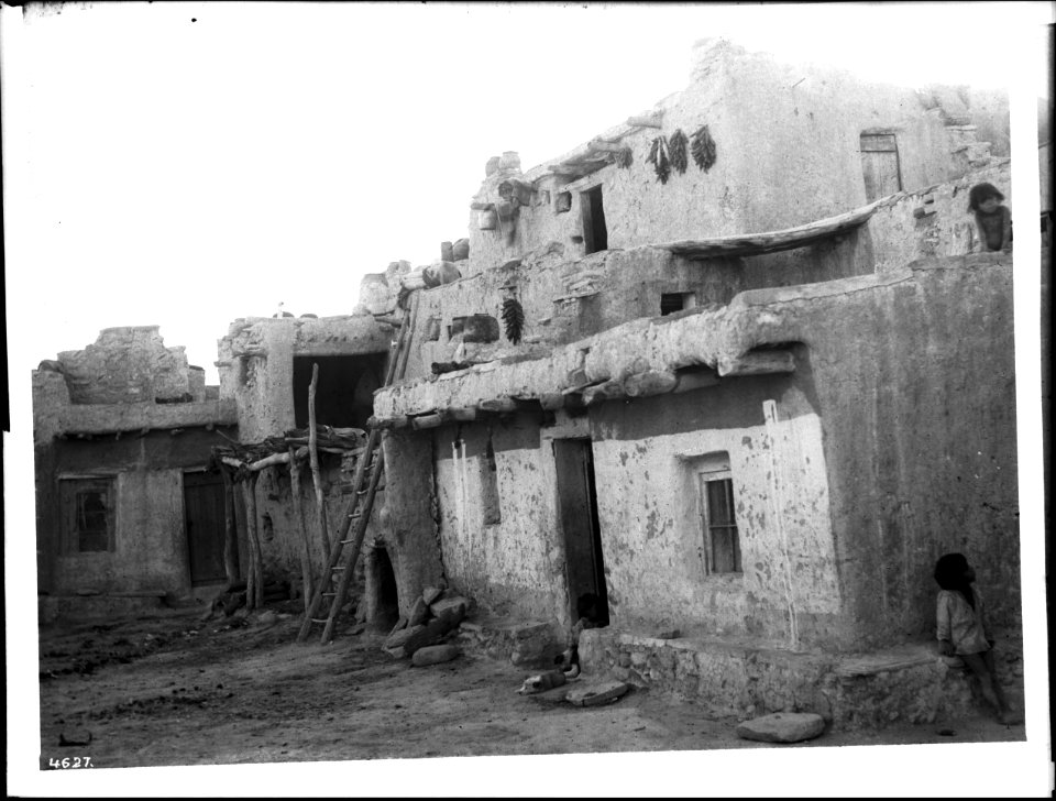 Houses in the pueblo of Walpi (Walpai), with an outdoor fireplace, Arizona, ca.1898 (CHS-4627)