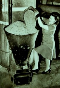 House wife is filling the hopper of the household sawdust burner, 1942 (23681690775)