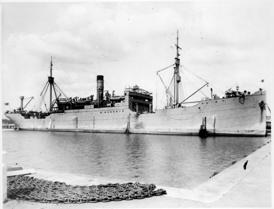 Houston (AK1), formerly Liebenfels. Cargo ship. Starboard bow, at wharf, 06-27-1918 - NARA - 535434