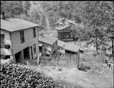 Houses and privies on the hillside. Southern Coal Corporation, Bradshaw Mine, Bradshaw, McDowell County, West Virginia. - NARA - 541037