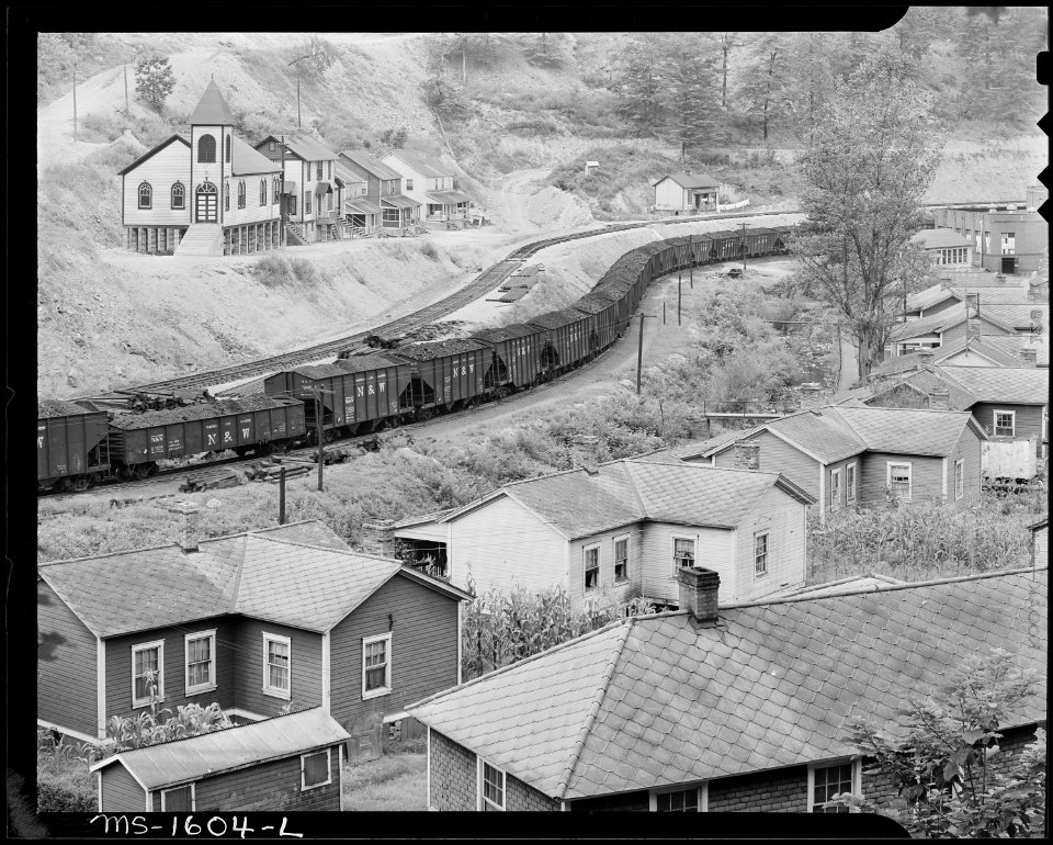 Houses, coal cars, and church. Note that roofs are asbestos and are in good condition. U.S. Coal and Coke Company... - NARA - 540872