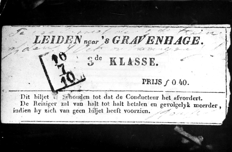HUA-153457-Afbeelding een kaartje voor de derde klasse voor de reis van Leiden naar 's-Gravenhage