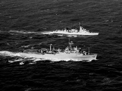 Hr.Ms. Jacob van Heemskerck (F-812) and USS Pensacola (LSD-38) underway in the North Atlantic Ocean on 7 March 1992