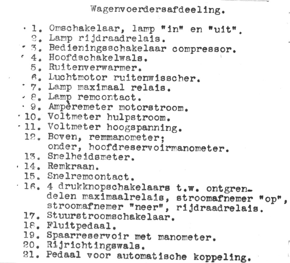HUA-163410-Afbeelding van de legenda met de verklaring van verschillende bedieningsonderdelen in de stuurstand van een electrisch treinstel mat. 1936 van de N.S. N.B. De verklaringen verwijzen naar de foto met c