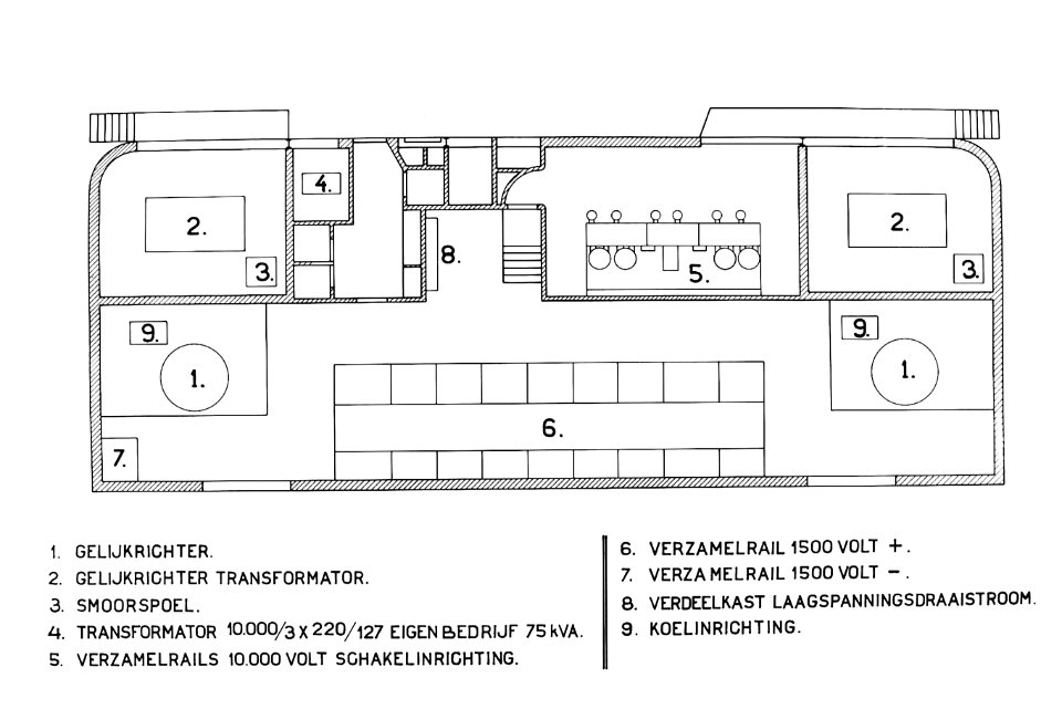 HUA-163415-Afbeelding van een plattegrond van een onderstation van de N.S. voor de voeding van de bovenleiding uit de tijd van de electrificatie van het middennet