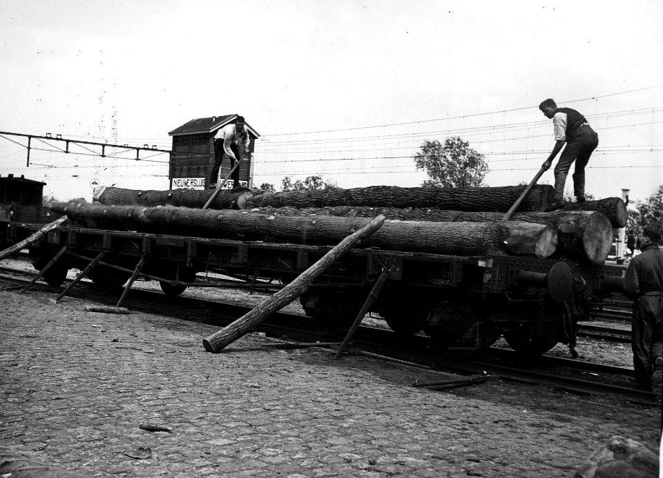 HUA-163468-Afbeelding van een 4-assige goederenwagen voor houtvervoer op de laad- en losplaats van het N.S.-station Nieuwersluis-Loenen
