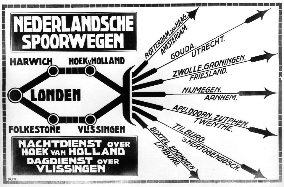 HUA-167086-Afbeelding van een affiche voor treinen van London naar diverse Nederlandse bestemmingen via Harwich - Hoekvan Holland of Folkstone - Vlissingen. N.B. Gelet op de signatuur linksonder is het affiche v