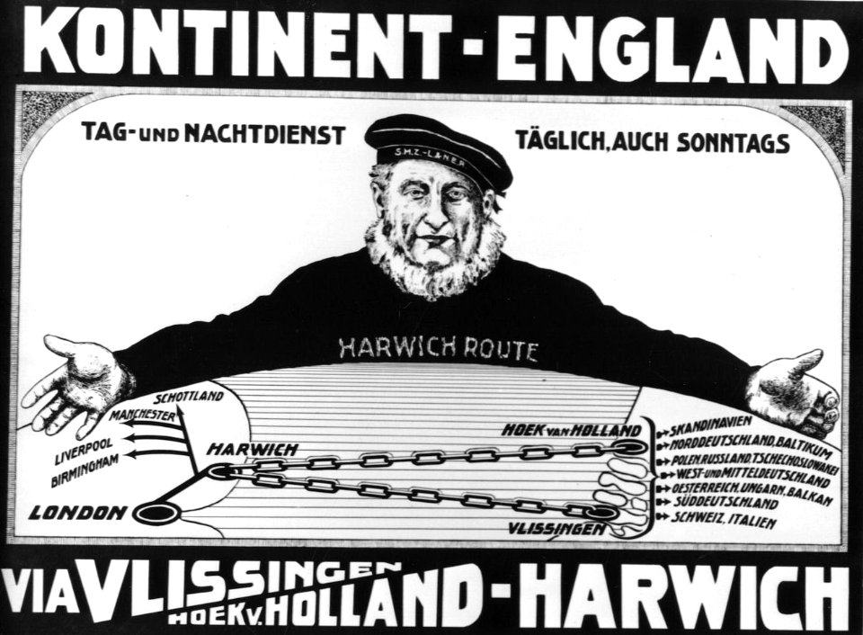HUA-167090-Afbeelding van een duitstalig affiche voor de bootverbindingen van de S.M.Z. (Stoomvaart-Maatschappij Zeeland) tussen Hoek van Holland of Vlissingen en Harwich