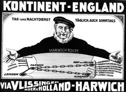 HUA-167090-Afbeelding van een duitstalig affiche voor de bootverbindingen van de S.M.Z. (Stoomvaart-Maatschappij Zeeland) tussen Hoek van Holland of Vlissingen en Harwich